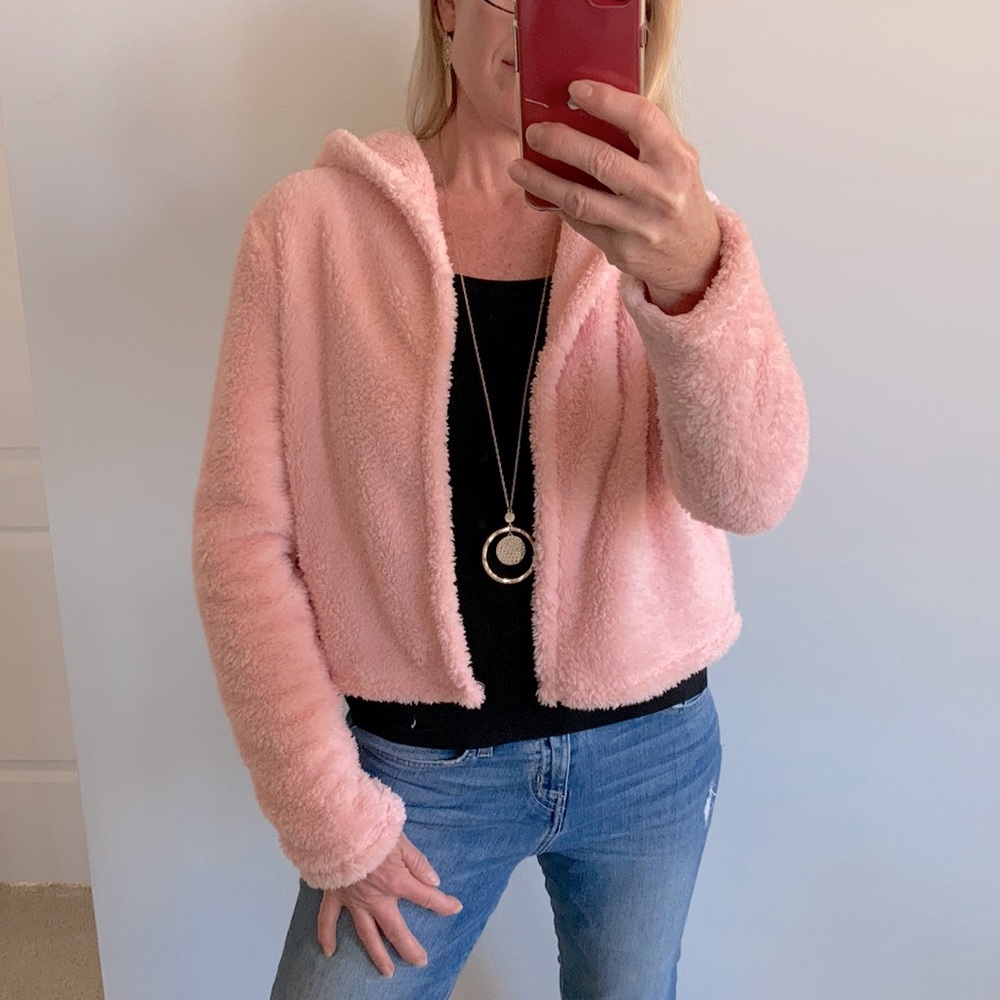 Soft, Fuzzy Pink Open Hooded Jacket